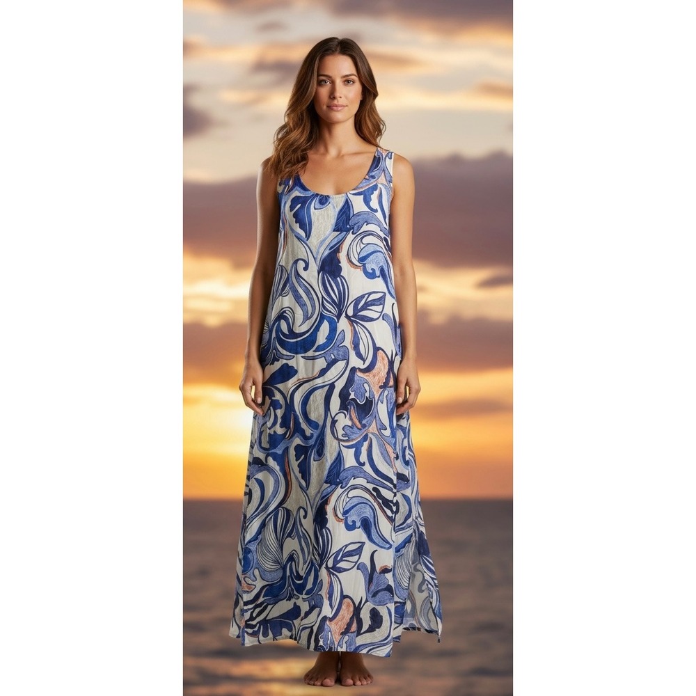 Bryn Walker Sherry Maxi Dress Small Blue White Abstract USA Made Italian Fabric